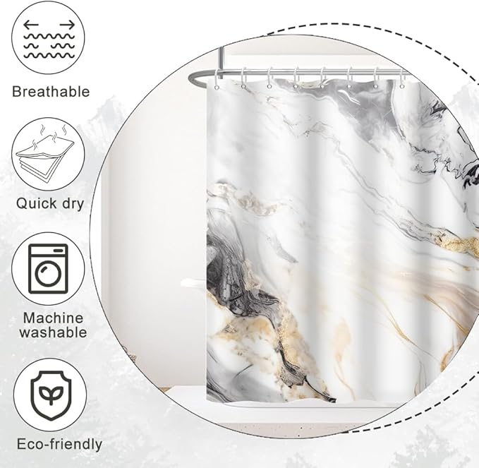 Grey and White Shower Curtain, Modern Grey Marble Shower Curtain for Bathroom Aesthetic Waterproof Shower Curtain Set with Hooks, 54x72 Inch