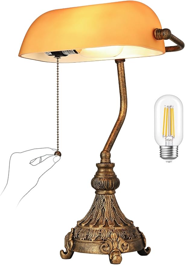 Vintage Amber Glass Bankers Desk Lamp for Home Office,Library with Pull Chain Switch Plug in Fixture, LED Bulb Included