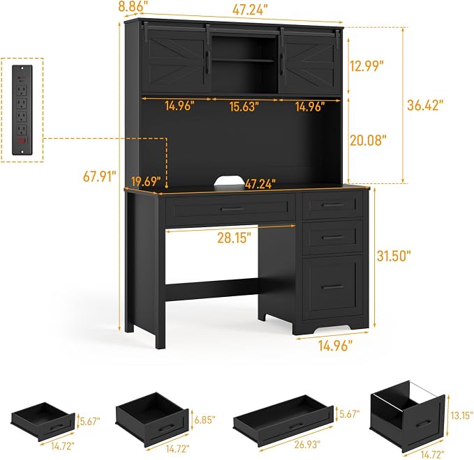 Vabches Farmhouse 67" H Executive Desk with Hutch,Office Table with LED Light and 6 Drawers,Computer Desk with Charging Station,File Drawers and Storage Cabinet,Workstation for Home Office.Black