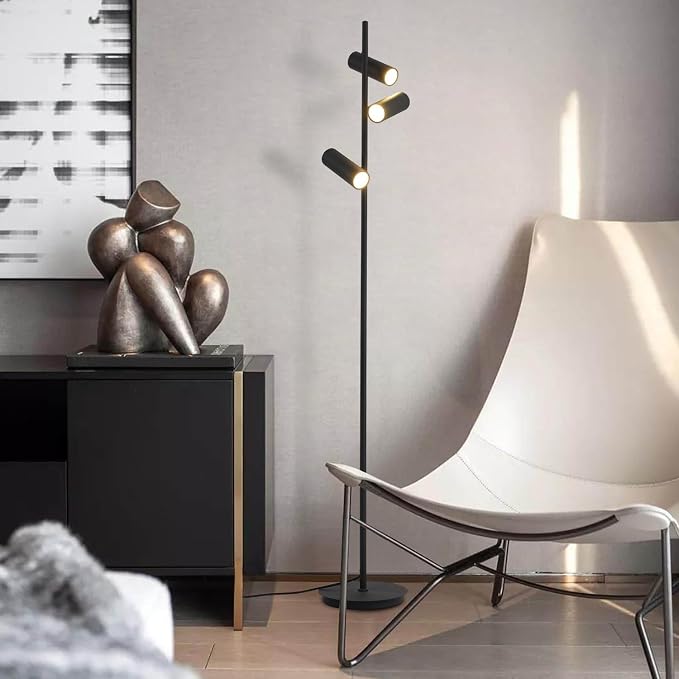 KCO Lighting Matte Black Tree Floor Lamp with 3 Adjustable Rotating Lights Mid Century Modern Bright Floor Lamps Tall Reading Lamps Floor Standing Industrial Vintage Standing Lamp