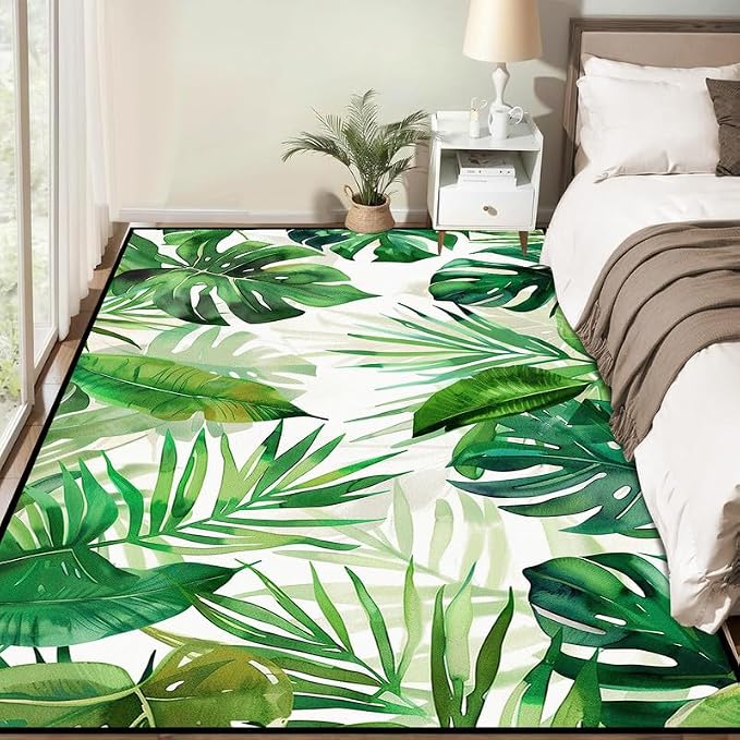 4'x6' Tropical Palm Leaf Rug Monstera Banana Leaves Floor Mat for Bedroom Living Room Nursery Playroom Classroom Home Decor Washable Low Pile Green Botanical Area Rug