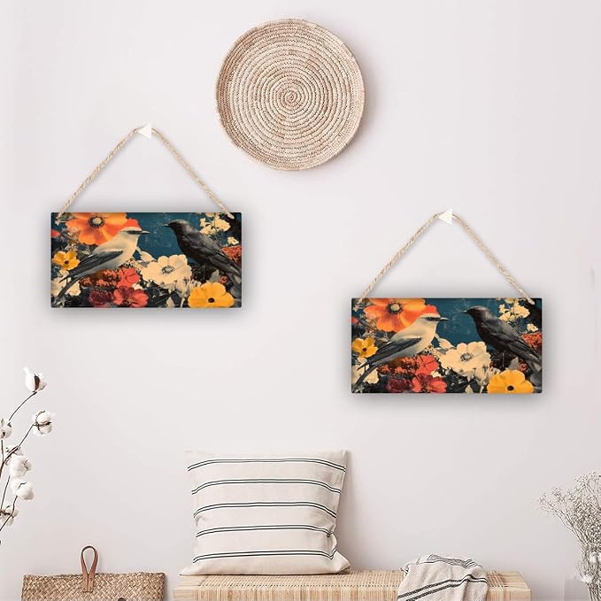 Black Bird in Red & White Flower Collage Wooden Sign 12x6 Inch - Eclectic Office Decor for Retro Lovers - Great Gift for Bold Home Accent Admirers
