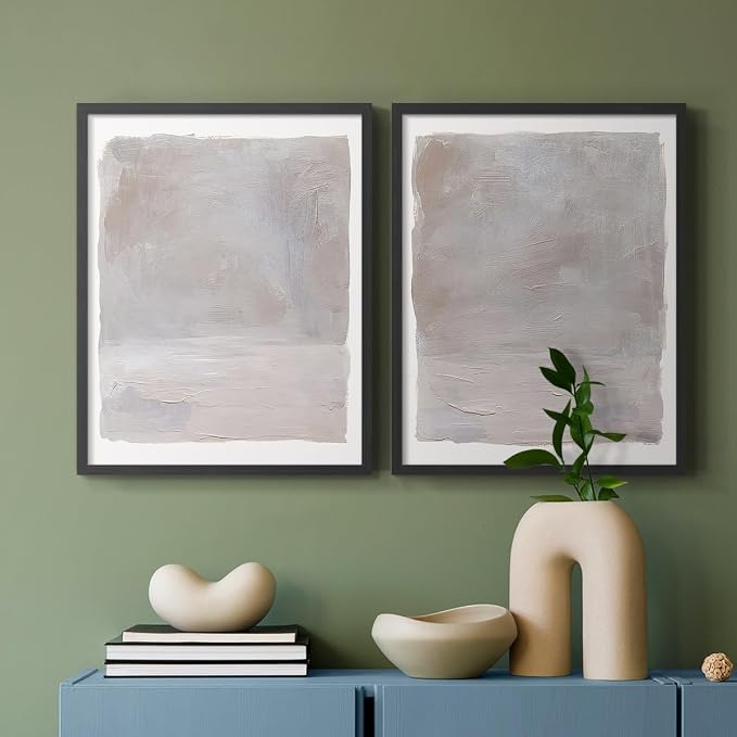 Renditions Gallery Set of 2 Peel & Stick Framed Prints, Watercolor Abstract Wall Art, Neutral Tones Textured Brushstrokes Wall Decor, Re-Stickable - Ready to Hang - 16"x20" - Black Frame LT588