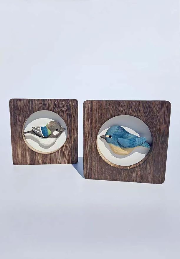 Wood Bird Sculpture with Frame, Cute Hand Carved Bird Wall Art Bird Wall Decor Wooden Wall Decor Desk Table Ornament Office Home Décor Bird Gift (Grey)