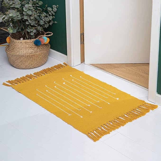 Bohemian Geometric Mustard Area Rug, 2'x3' Yellow, Machine Washable, Non-Slip, Low Pile, Hand Woven Cotton