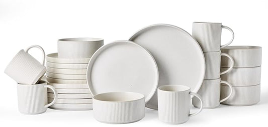 famiware Star Dinnerware Set with Mugs, Service for 6 (24 Pieces), Ribbed Stoneware Plates and Bowls Dishes Sets - Chip & Scratch Resistant, Microwave & Dishwasher Safe, Matte White