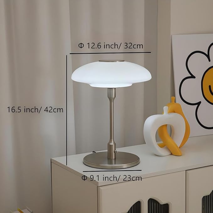 Table Lamp, Metal and Glass Modern Bedside Lamp, Decorative Table Light, Table Lamp for Living Room Bedroom Study Room, 12.6 * 16.5 Inch, Chrome & White