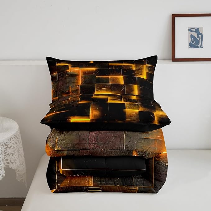Black Orange Abstract Comforter Twin Gradient Square Twin Bedding Set, Geometric Grid Down Comforter Neon Checkered Bed Set Glowing Plaid Quilted Duvet 3D Modern Bedroom Decor 2pcs (Black Reversible)