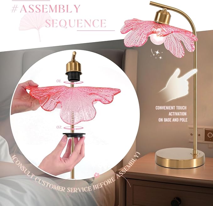 Pink Glass Table Lamps Mid Century Modern Table lamp Gold Desk lamp Tall Table Lamp Touch Nightstand Lamp with Flower Design Bedside Table Lamp for End Table Side Living Room Girl's Room