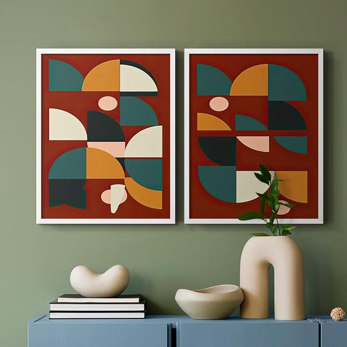 Renditions Gallery Set of 2 Peel & Stick Framed Prints, Mid Century Abstract Wall Art, Modern Geometric Shapes Wall Decor, Re-Stickable - Ready to Hang - 16"x20" - White Frame LT588