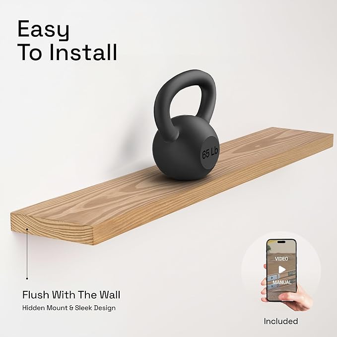BAOBAB WORKSHOP Natural Wood Floating Shelves for Wall 36 Inches Long, Heavy Duty Wall Shelf for Bedroom, Solid Wooden Bathroom Shelf Large Kitchen Farmhouse, Oak Floating Shelf, 36W × 6.7D, Set of 2