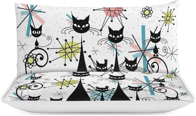 Mid Century Duvet Cover Sets Vintage Black Cat Modern Style Printed Lightweight Soft Quilt Cover Abstract Geometric Minimalist Soft Microfiber 3 Piece (1 Duvet Cover 68x86in + 2 Pillow Sham 20x30in)