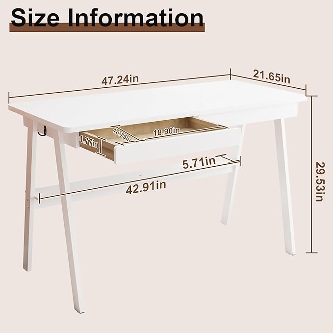 Solid Wood Desk with Drawers - 47.2 Inch Writing Desk with Drawers & Storage Shelf, Simple Modern Study Table, Home Office Computer Desks for Bedroom & Home, White Desks
