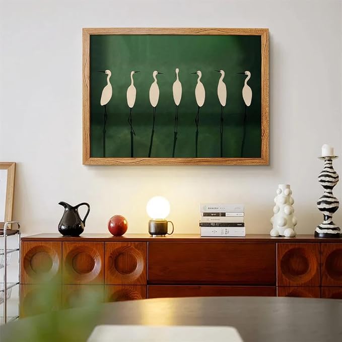 Japanese Cranes Wall Art 16x24 inch Framed Retro Bird Animal Canvas Poster Nature Minimalist Green Home Prints for Living Room Bedroom Office Decor