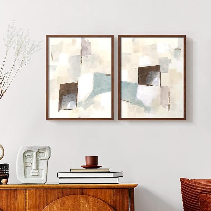 Renditions Gallery Set of 2 Peel & Stick Framed Prints, Abstract Wall Art, Minimalist Color Block Brush Strokes Wall Decor, Re-Stickable - Ready to Hang - 8"x10" - Walnut Frame LT588