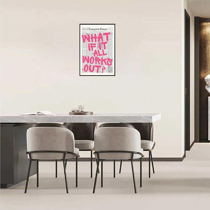 Drimiler Retro Newspaper Pink Font Poster What If It All Works Out Canvas Wall Art Positive Affirming Quote Minimalist Prints Painting For Home Bedroom Dorm Wall Decor 12x18in Framed