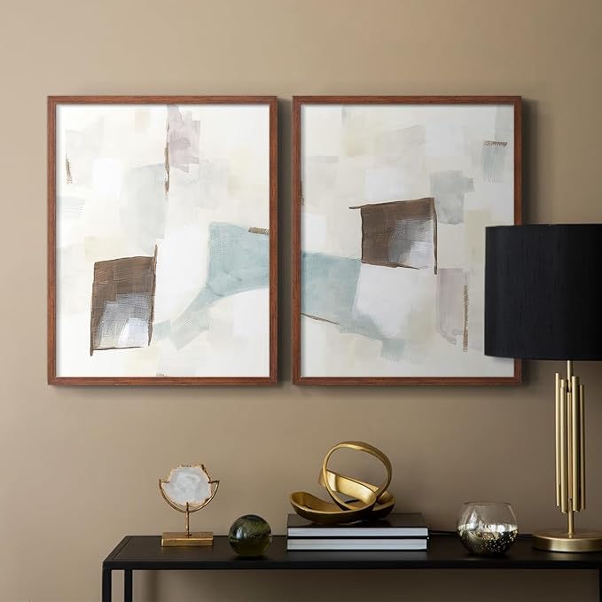 Renditions Gallery Set of 2 Peel & Stick Framed Prints, Abstract Wall Art, Minimalist Color Block Brush Strokes Wall Decor, Re-Stickable - Ready to Hang - 8"x10" - Walnut Frame LT588