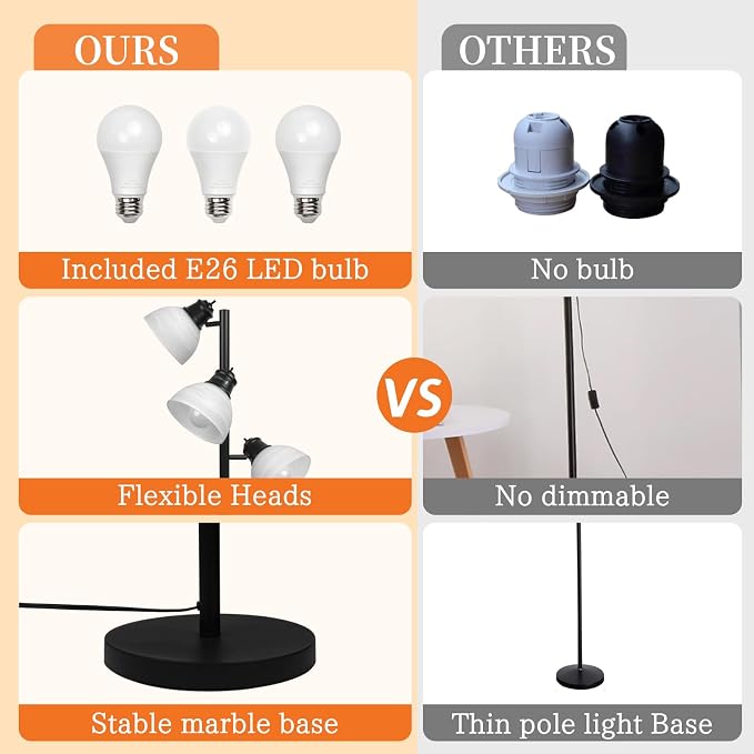 3 Light Tree Floor Lamp with Glass Shades, 3 Bulbs Included, Adjustable Black Industrial Standing Lamp for Living Room, Bedroom, Office, E26, Weighted Base