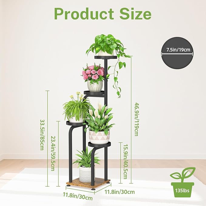 iDavosic.ly Tall Plant Stand Indoor, 4 Tier Corner Multiple Flower Holder Shelf with Metal Trays, Space Saving Display Rack for Living Room Balcony Patio Porch Outdoor | Black & Brown