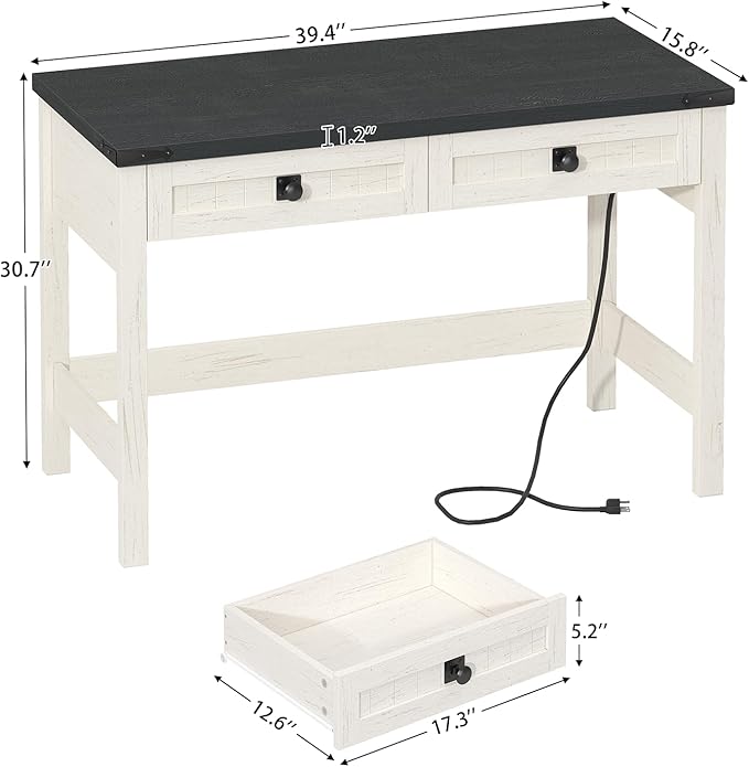 YOMILUVE Farmhouse Computer Desk with 2 Drawers, 39 Inch Small Office Computer Desk with Power Outlets, Compact Writing Study Vanity Desk for Small Spaces, Black and White