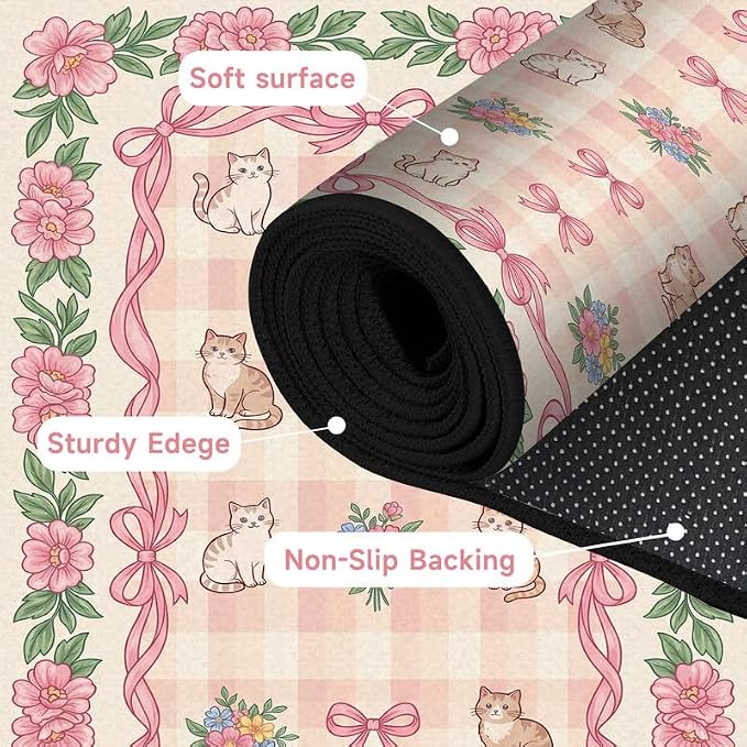 6'x9' Cat Floral Area Rug Pink Bow Flower Carpet Washable Rug Cute Cartoon Boho Floor Mat for Bedroom Living Room Nursery Playroom Classroom Home Decor