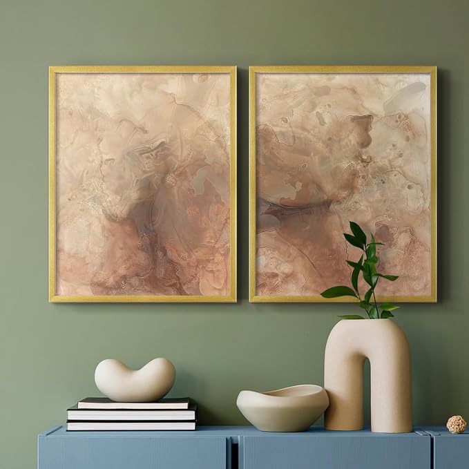 Renditions Gallery Set of 2 Peel & Stick Framed Prints, Abstract Wall Art, Brown Textured Marble Design Re-Stickable - Ready to Hang - 11"x14" - GOLD Frame LT588