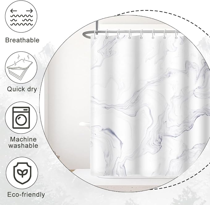 White Shower Curtain, Modern White Marble Shower Curtain for Bathroom Waterproof Abstract Liquid Shower Curtain Set with Hooks, 48x72 Inch