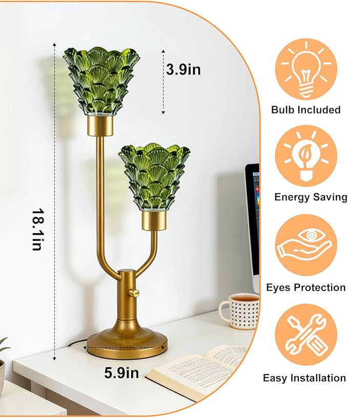 Lightdot Vintage Green Glass Table Lamp for Living Room Dimmable Mid Century Modern Desk Lamp Gold Nightstand Lamp 2 Bulbs Included Warmwhite Ambient Bedside Lamps for Bedroom Home Office Decor Gift