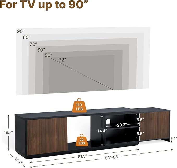 Extendable TV Stand for TVs up to 90",Modern Entertainment Center with Adjustable Shelf,Television Stand with 2 Storage Cabinets,Wooden TV Media Console for Living Room Bedroom Black
