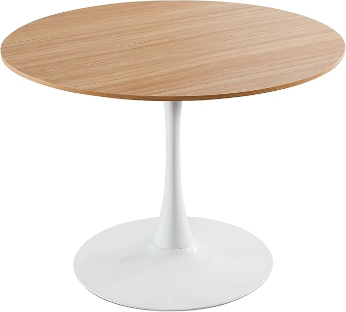 42 Inch Round Dining Table,Mid-Century Tulip Table with Metal Pedestal Base,Modern Leisure Table for Small Space Kitchen Dining Room,Easy Assembly,White and Oak