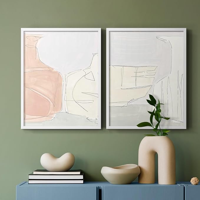 Renditions Gallery Set of 2 Peel & Stick Framed Prints, Neutral Abstract Wall Art, Soft Tones Delicate Linework Wall Decor, Re-Stickable - Ready to Hang - 11"x14" - White Frame LT588