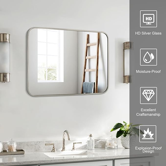 Bathroom Mirror Brushed Nickel, 30 x 36 Inch Metal Frame Rectangle Mirror Rounded Silver Modern Vanity Mirror Anti-Rust for Bathroom, Farmhouse Wall Mounted Vertically/Horizontally