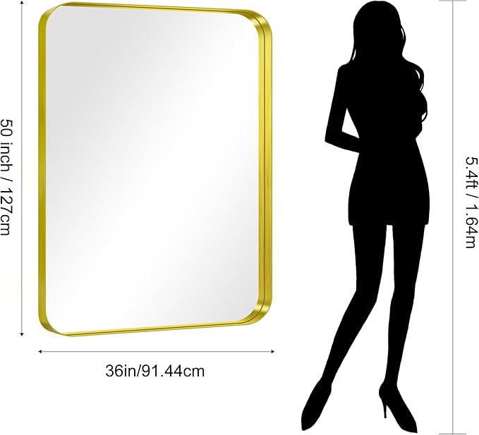 CIRCUMI Gold Bathroom Mirror, 36"x50" Rectangular Mirror with Deep Metal Frame, Rounded Corner, Tempered Glass, Large Mirror for Wall, Over 2 Sinks, Installed Vertically/Horizontally, Crystal-Clear