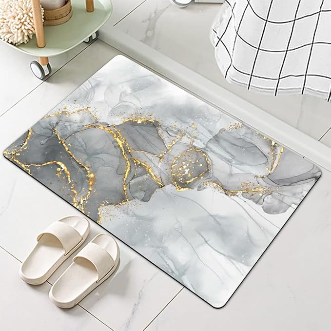 Diatomaceous Earth Bath Mat,Gold Grey Marble Non-Slip Volume Super Absorbent Fast Drying for Bathroom Kitchen Door mat,Eco-Friendly Easy to Clean 16×24Inch (40 * 60cm)