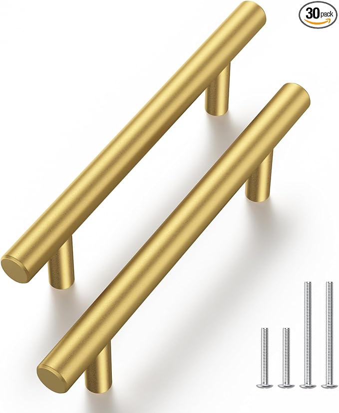 Haliwu 30 Pack Cabinet Handles Brass Gold Cabinet Pulls 3-1/2 Inch Hole Center Drawer Pulls Modern Bar Dresser Handles for Bathroom Kitchen Bedroom