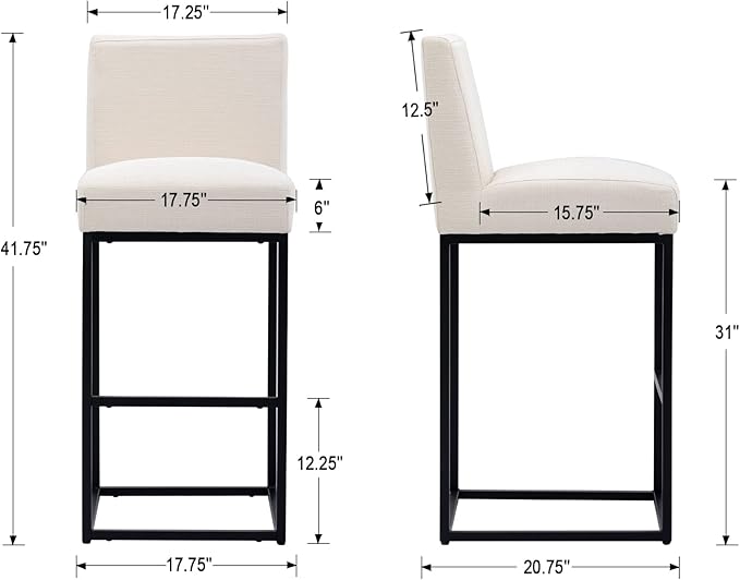31" Height Cream Fabric Bar Stools Set of 2 Counter Height Stools with Back and Footrest for Kitchen Modern Metal Barstools, Linen Upholstered Farmhouse Bar Chairs Island Stools
