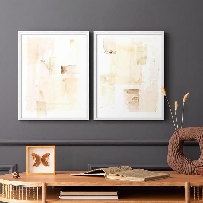 Renditions Gallery Set of 2 Peel & Stick Framed Prints, Abstract Wall Art, Mixed Handmade Oil Painting Wall Decor, Re-Stickable - Ready to Hang - 8"x10" - White Frame LT588