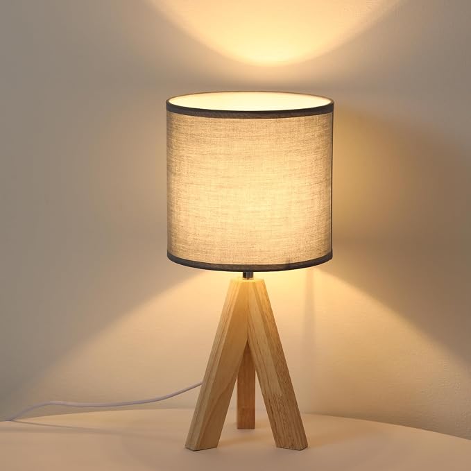 Table Lamp,Small Tripod Desk Lamp with Linen Fabric Lampshade,14.9",Tri-Color 5W Wooden Table Lamp for Living Room,Kids Room,Nursery (Grey)
