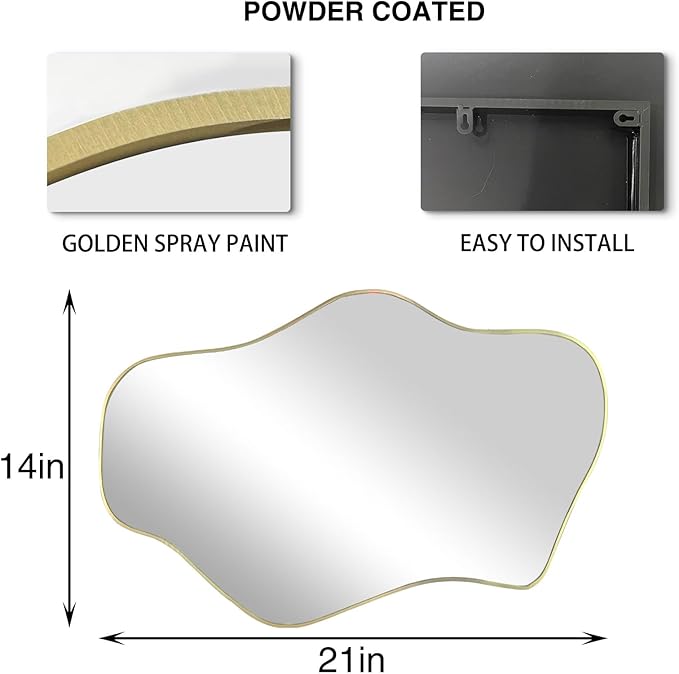 Gold Irregular Mirror, 21"x14" Asymmetrical Wall Mirrors, Modern Frameless Mirror for Wall, Unique Shaped Mirrors for Living Room Bedroom Bathroom Hallway Entryway Fireplace