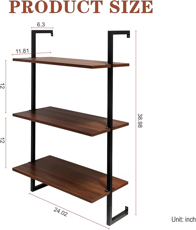 Anwick 3 Tier and 2 Tier Wood Wall Mounted Bookshelf with Metal Frame Wood Hanging Storage Bookcase, Open Storage Rack for Living Room, Home, Office, Bathroom, Bedroom and Plant Flower (black1)