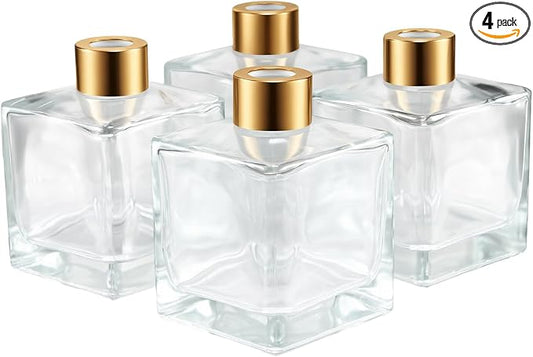 Squre Glass Diffuser Bottles with Gold Caps, Set of 4-3.7" High,200ml 6.7 fl oz. Fragrance Accessories Use for DIY Replacement Reed Diffuser Sets