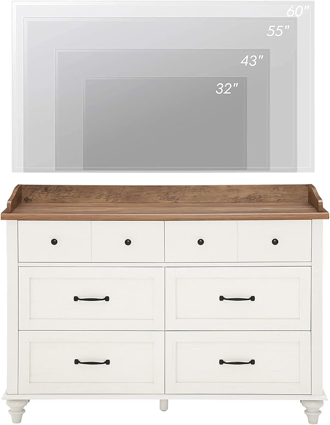WAMPAT Off White Dresser for Bedroom with 6 Drawers, Wooden Dresser TV Stand with Wide Chest of Drawers, Mid Century Modern Closet Storage Organizer for Living Room, Hallway, Nursery