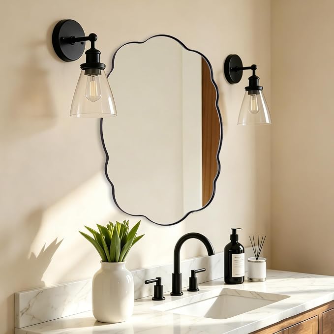 ANDY STAR Black Wavy Oval Mirrors for Bathroom, 30x40 Inch Large Wavy Scalloped Wall Mirror, Anti Rust Stainless Steel Metal Frame, Wall Mount Horizontal or Vertical