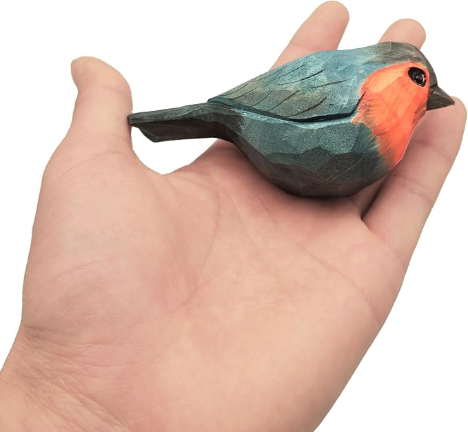 DIYOMR Bird Figurine, Hand Carved Birds Wood Décor, Art Animal Wooden Sculpted Bird with Wood Block, Vivid Bird Statue for Gift Home Table Ornament Decor (Robin Bird)