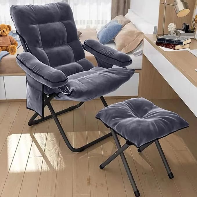 Lazy Chair with Ottoman, Lazy Sofa Back Chair,Foldable Modern Lounge Accent Chair with Armrests and a Side Pocket, Leisure Upholstered Sofa Chair Set, Reading Chair with Footrest for Small Space