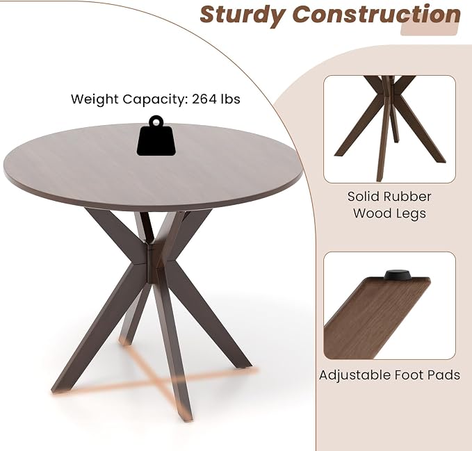 Moccha 36" Round Dining Table for 4 - Rubber Wood Kitchen Table with Intersecting Trestle Legs, Vintage Bar Table, Farmhouse Dining Room Tables for Dinette, Small Space, Restaurant, Bistro (Walnut)