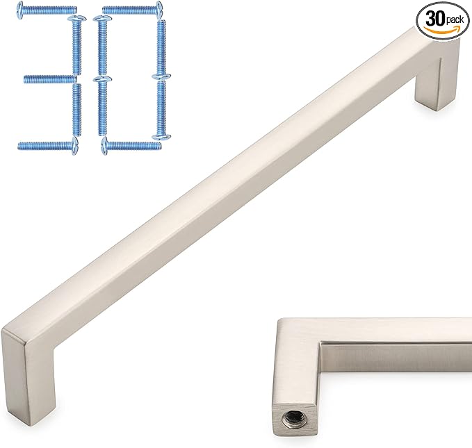 KOOFIZO 30-Pack Solid Square Bar Cabinet Handle - Brushed Nickel Furniture Pull, 6.3 Inch/160mm Screwhole Distance for Kitchen Cupboard Door, Bedroom Dresser Drawer, Bathroom Wardrobe Hardware