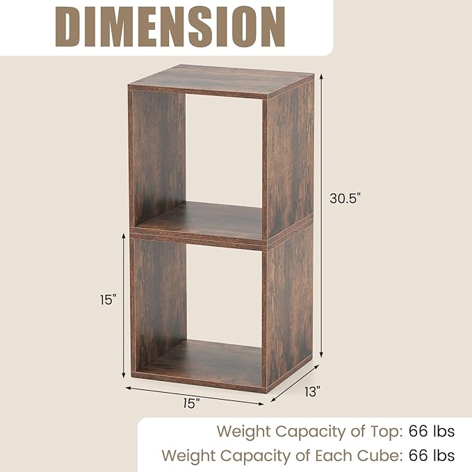 LOKO Stackable 2 Cube Storage Organizer, Cubby Storage Bookcase with Anti-toppling Device, 2-Tier Bookshelf, Combinable Record Player Stand for Living Room, Bedroom, Study (1, Rustic Brown)
