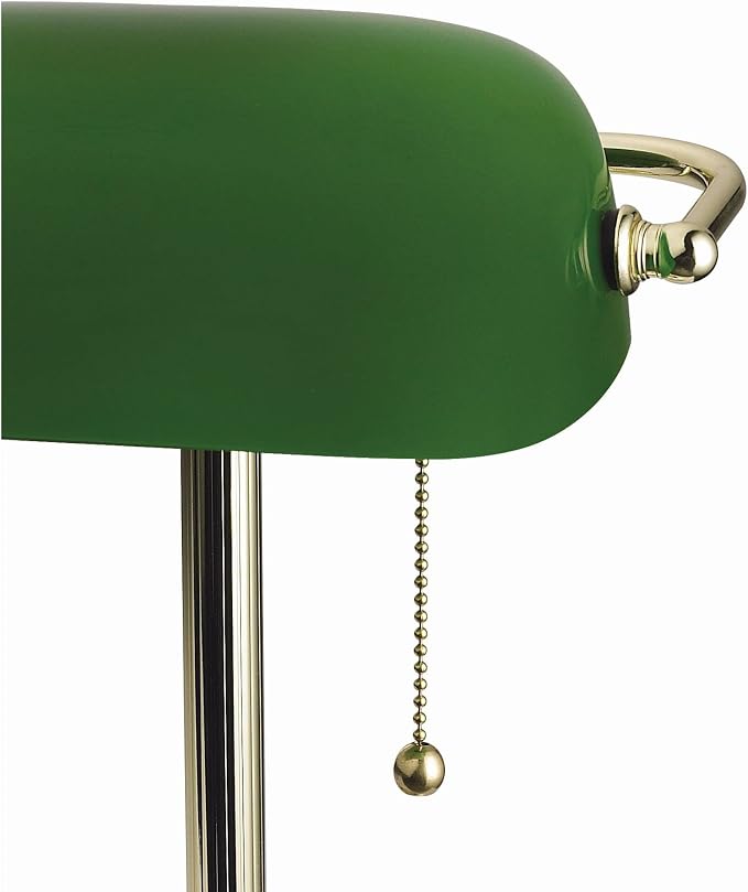 Catalina Lighting 13.5'' Traditional Banker's Lamp Light Fixture with Green Glass Cylinder Shade for Office, Library, Living Room, or Dorm, Polished Brass
