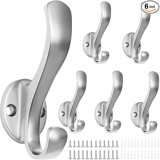 Coat Hooks Heavy Duty - Easy to Install Metal Towel Hooks Fashionable Wall Hooks for Hanging Hat, Towel, Key, Robe, Scarf, Bag, Cap (6 PCS Silver)